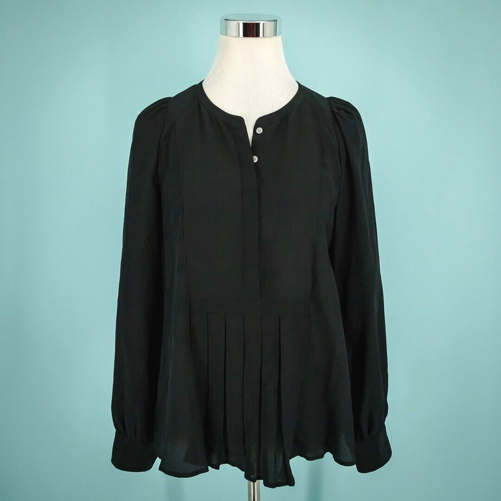 J. Crew Size Medium M Black Pleated Button Long Sleeve Popover Silk Top Blouse